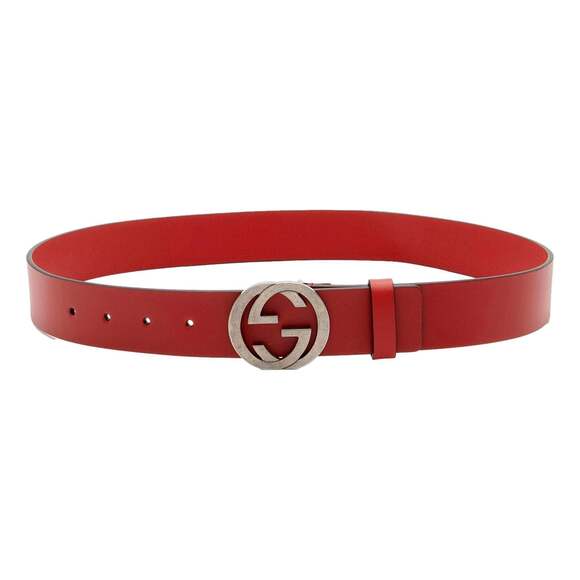 Gucci Interlocking Leather GG Buckle Antiqued Silver Tone Belt Rosso Red